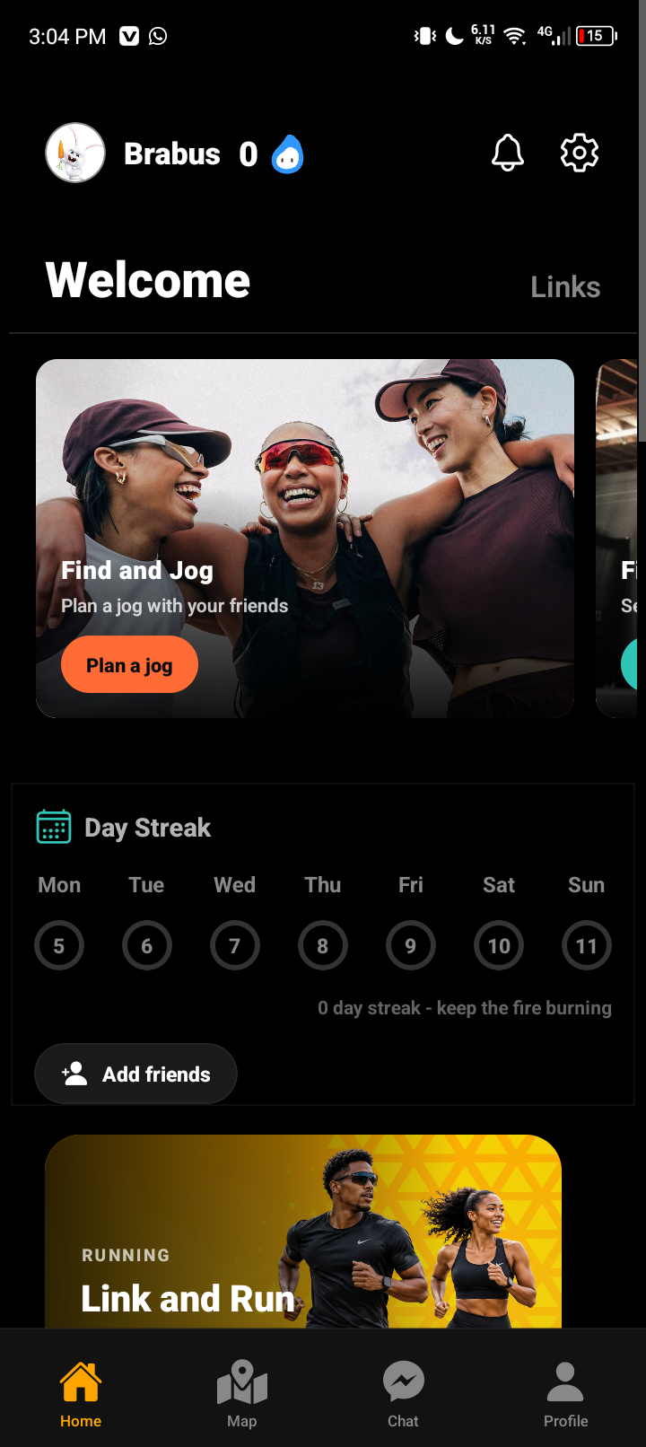 LinknRun app home screen showing community and activity features